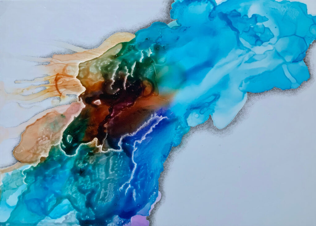 The Probability Theater - Creatures in the Sky. Alcohol ink and digital art.